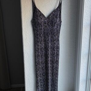 Vintage Windsor Black and Silver Stretchy Patterned Knit Open Back Drape Dress L